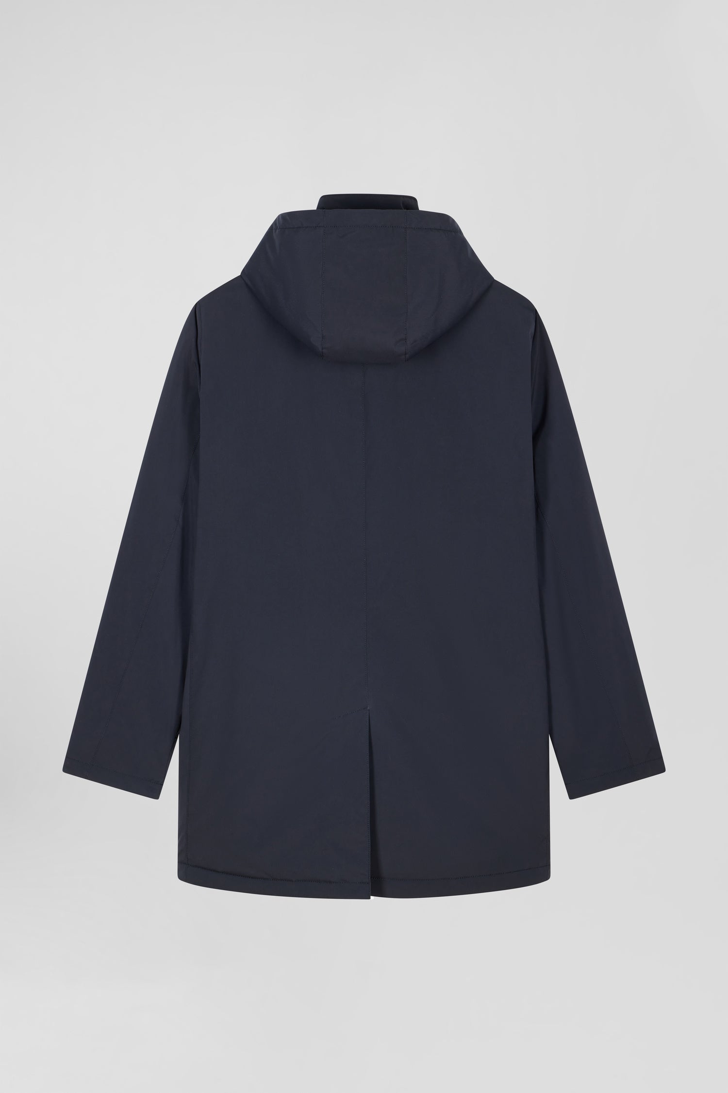 Navy blue hooded nylon raincoat