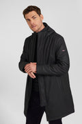 Black hooded raincoat