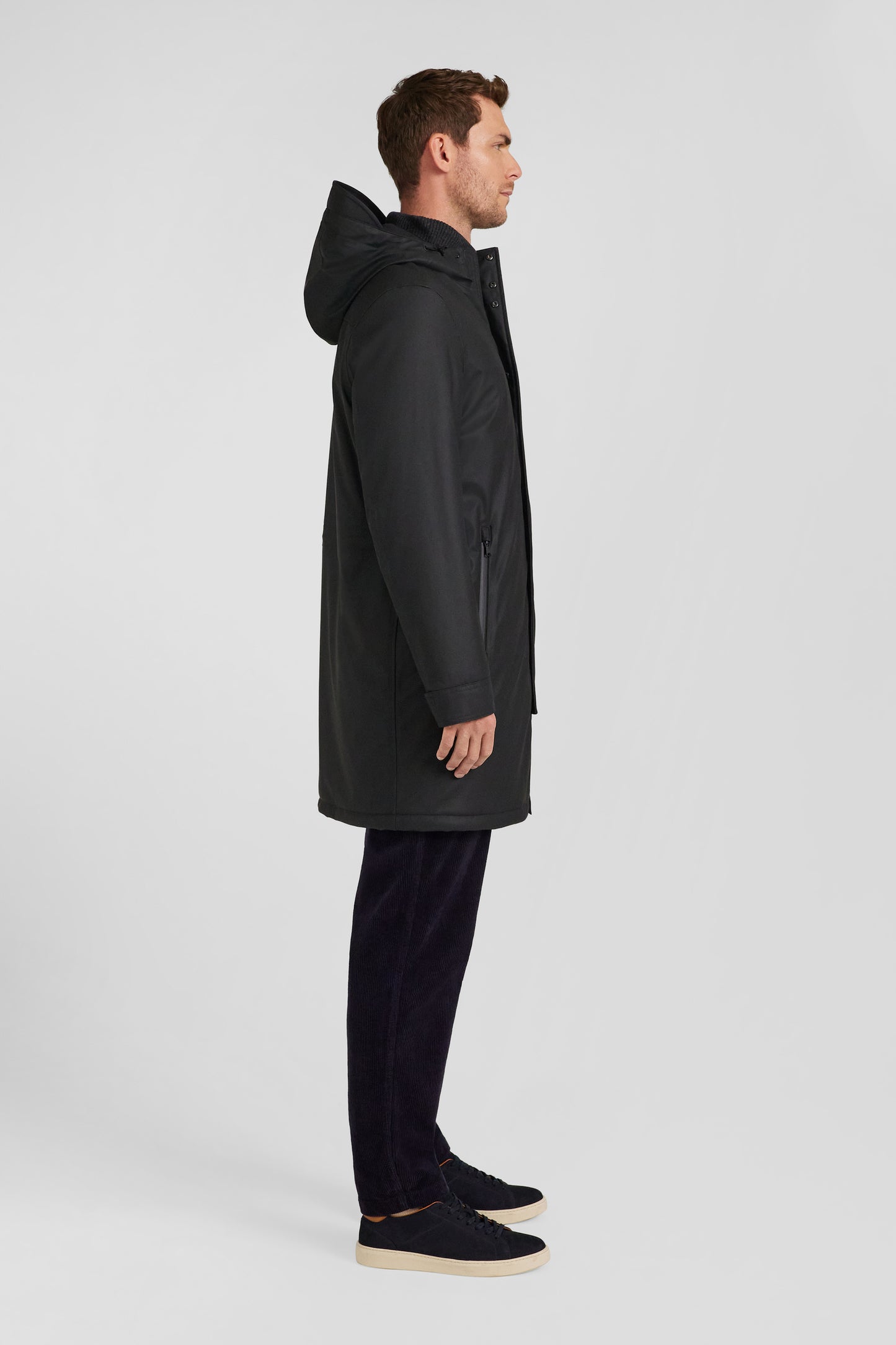 Black hooded raincoat