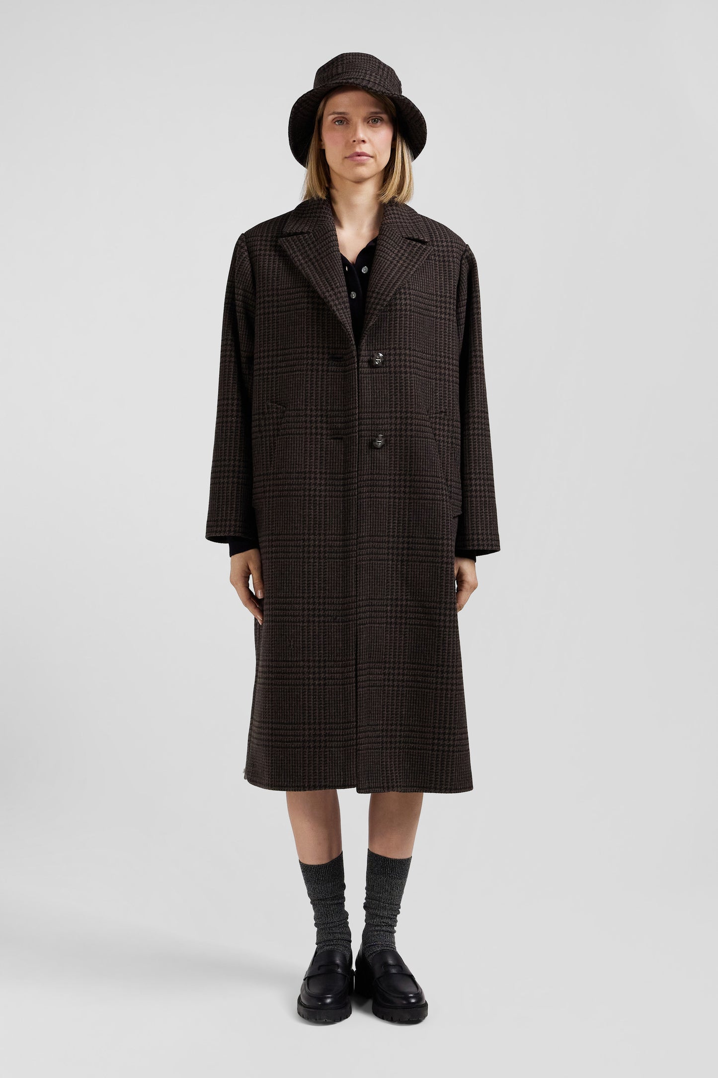 Regular brown checkered wool blend coat