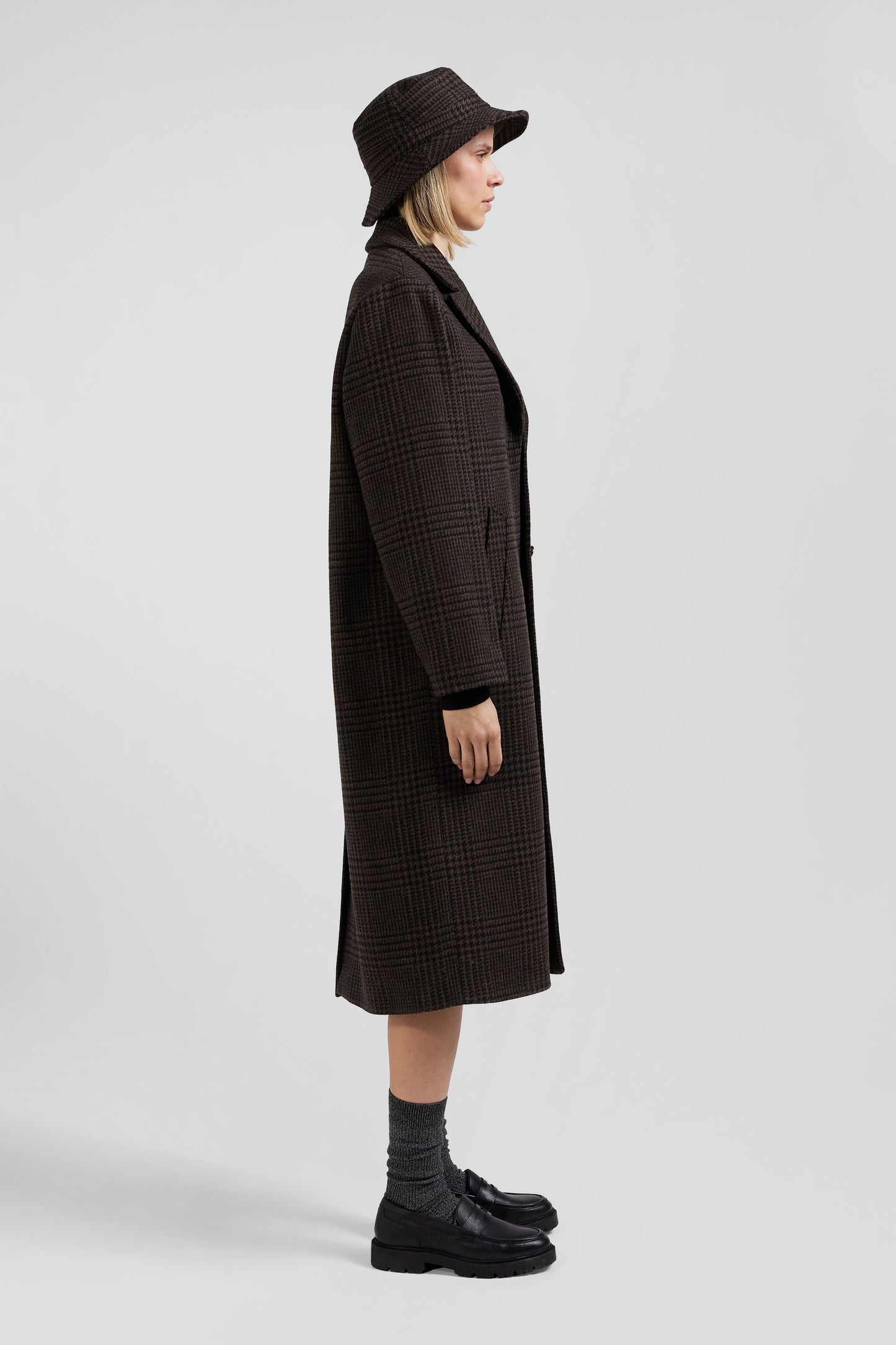 Regular brown checkered wool blend coat