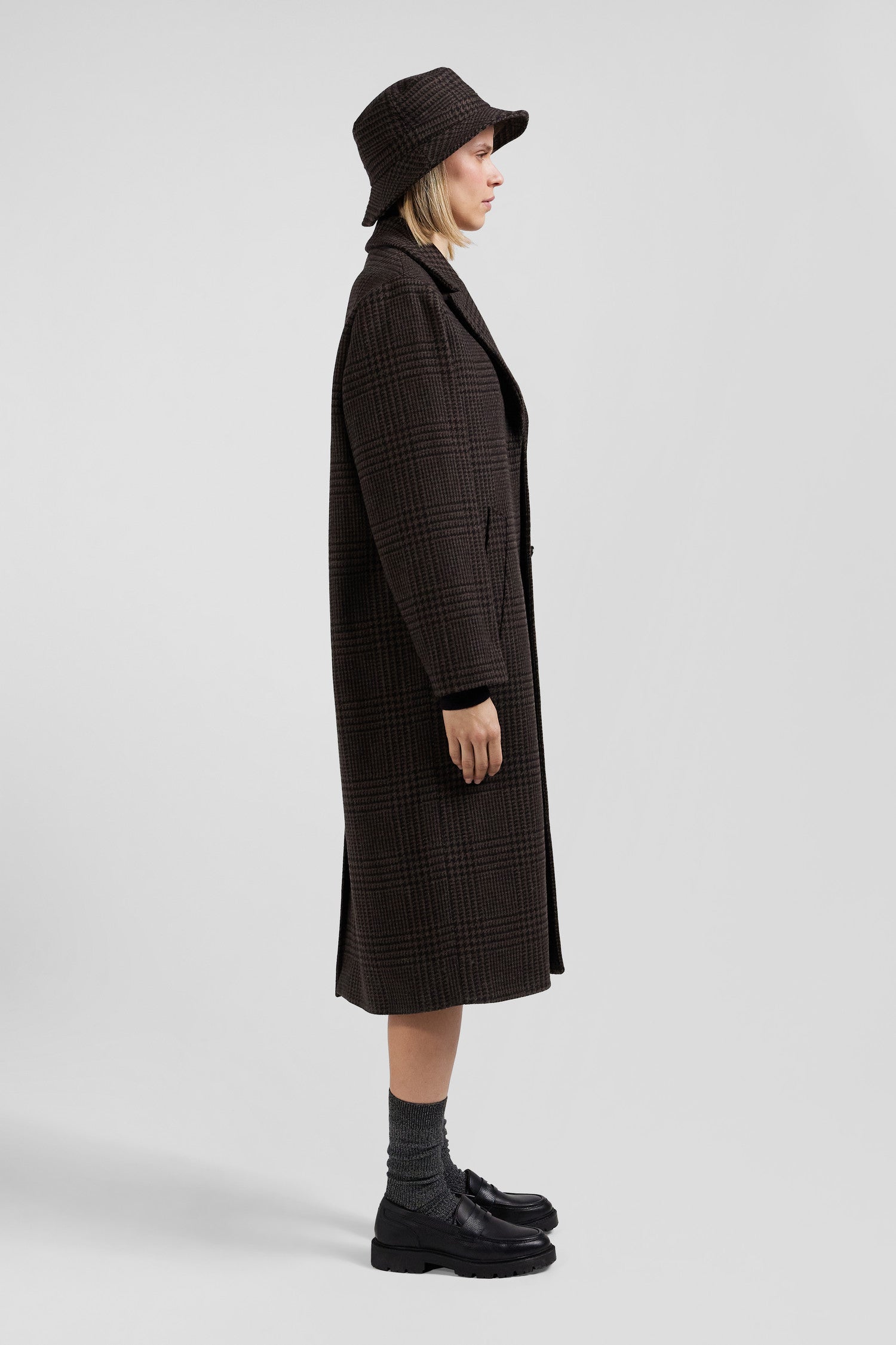 Regular brown checkered wool blend coat