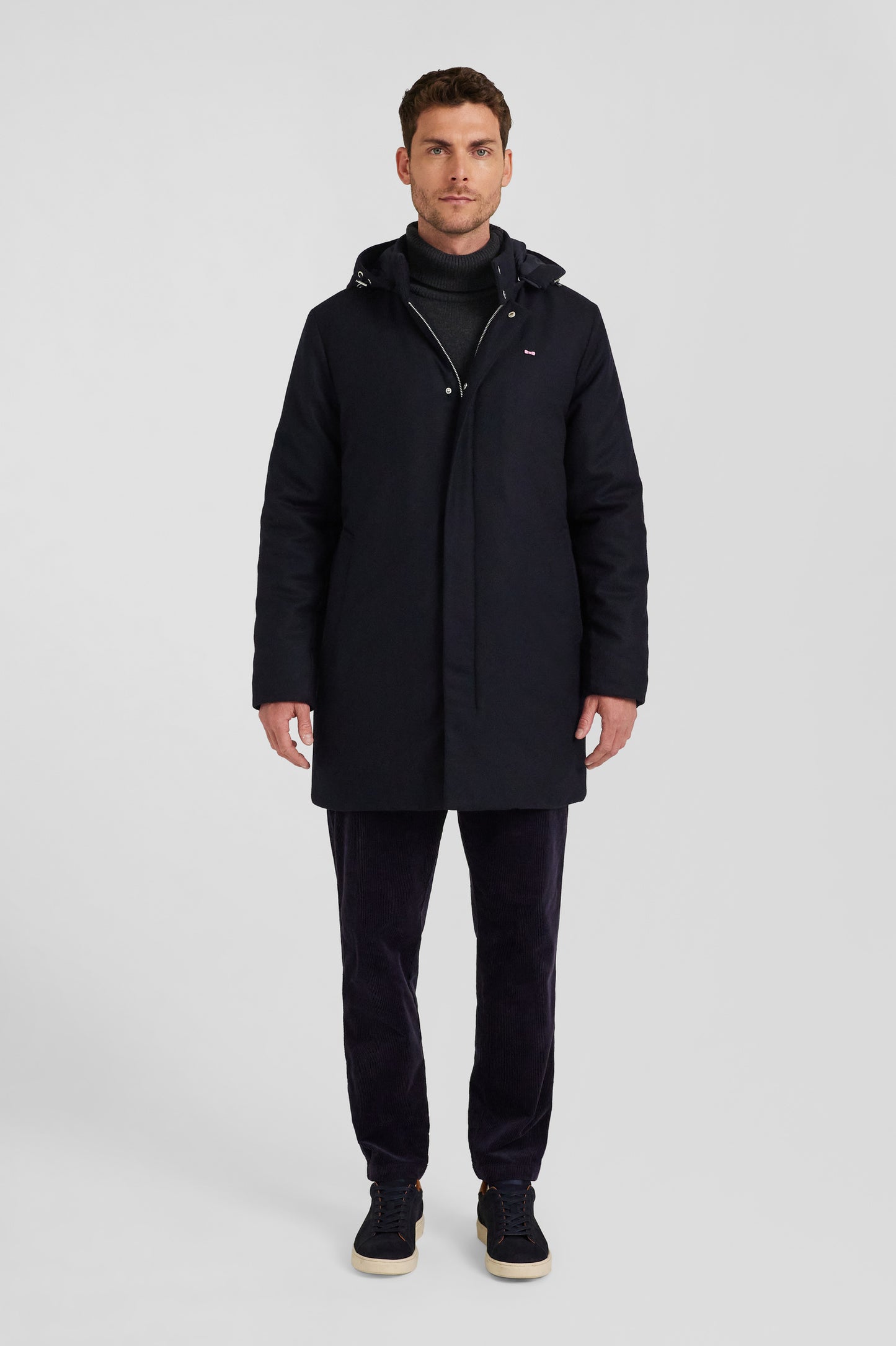 Navy blue short flannel wool parka