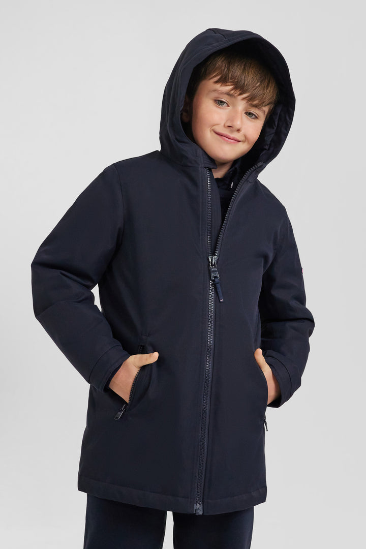 Parka enfant longue bleu marine à capuche