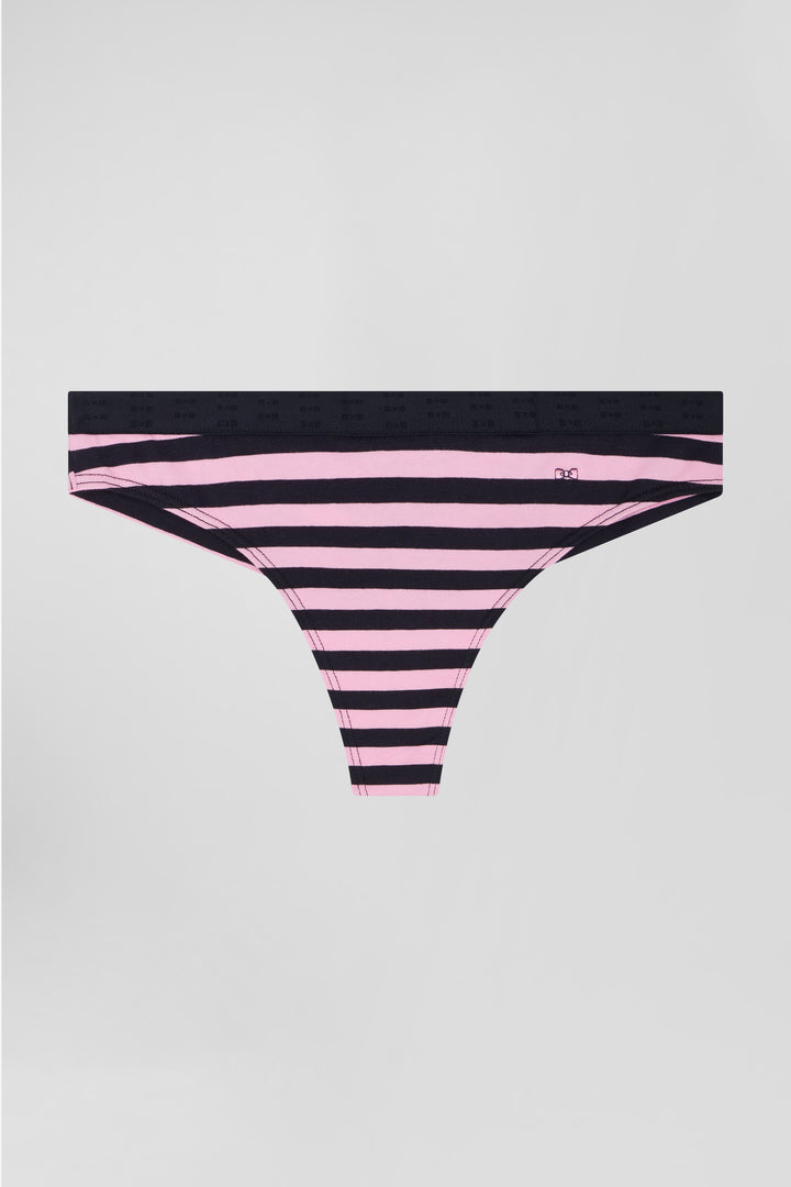 Culotte tanga en jersey coton stretch cerclé bleu marine et rose