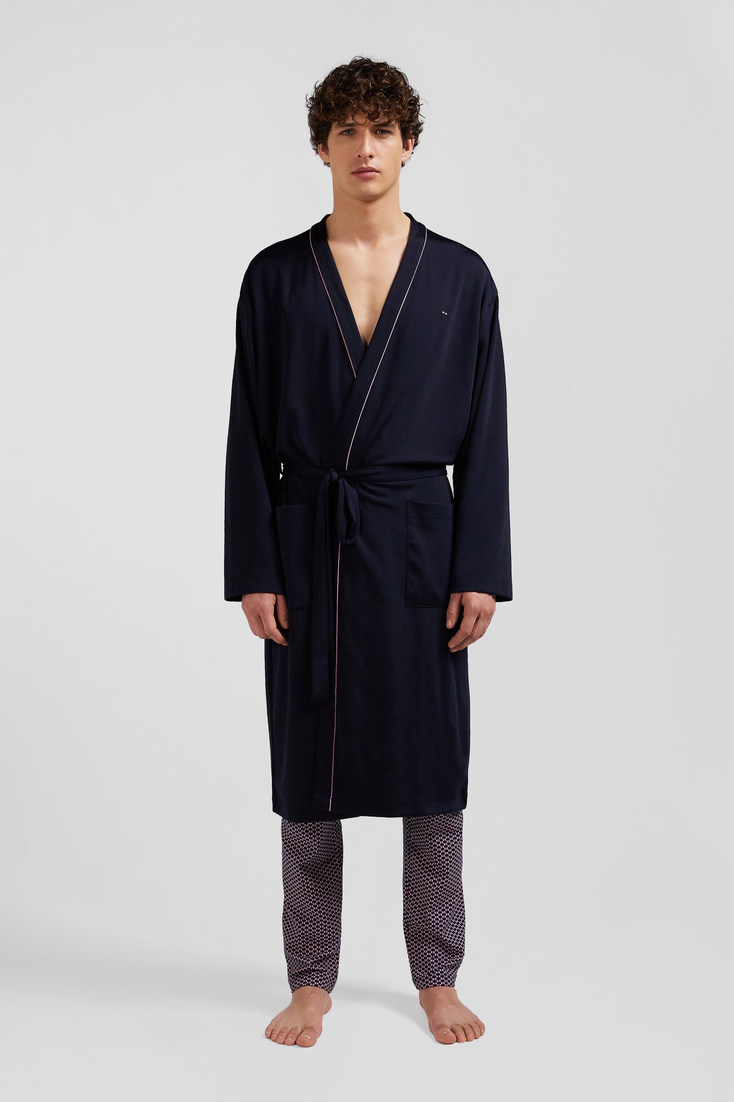 Navy blue terry cloth bathrobe