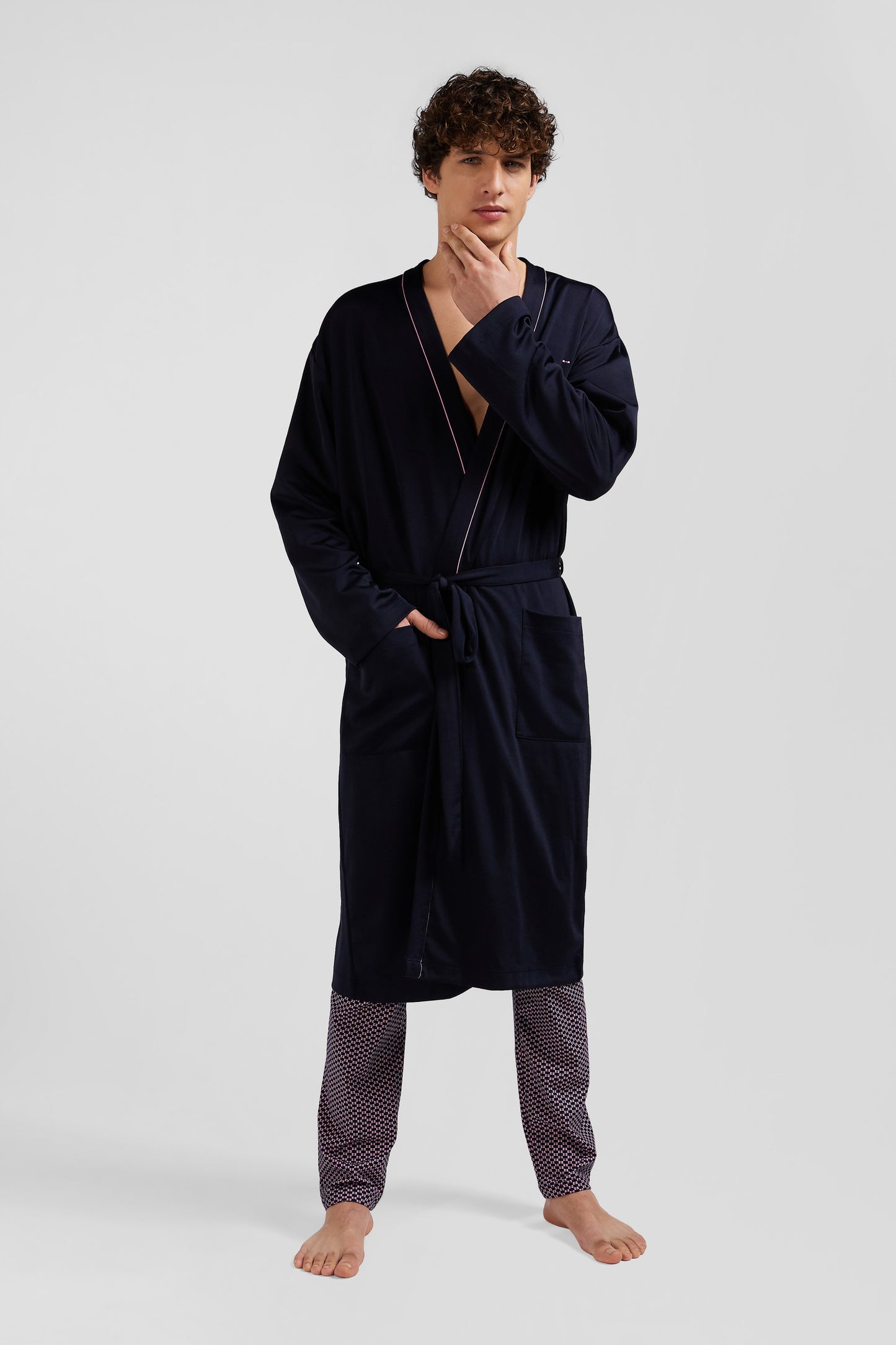 Navy blue terry cloth bathrobe