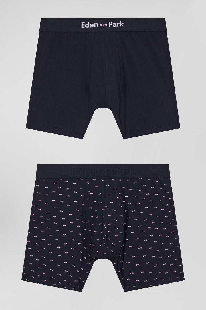 Lot de 2 boxers en coton stretch uni et micro-motifs bleu marine