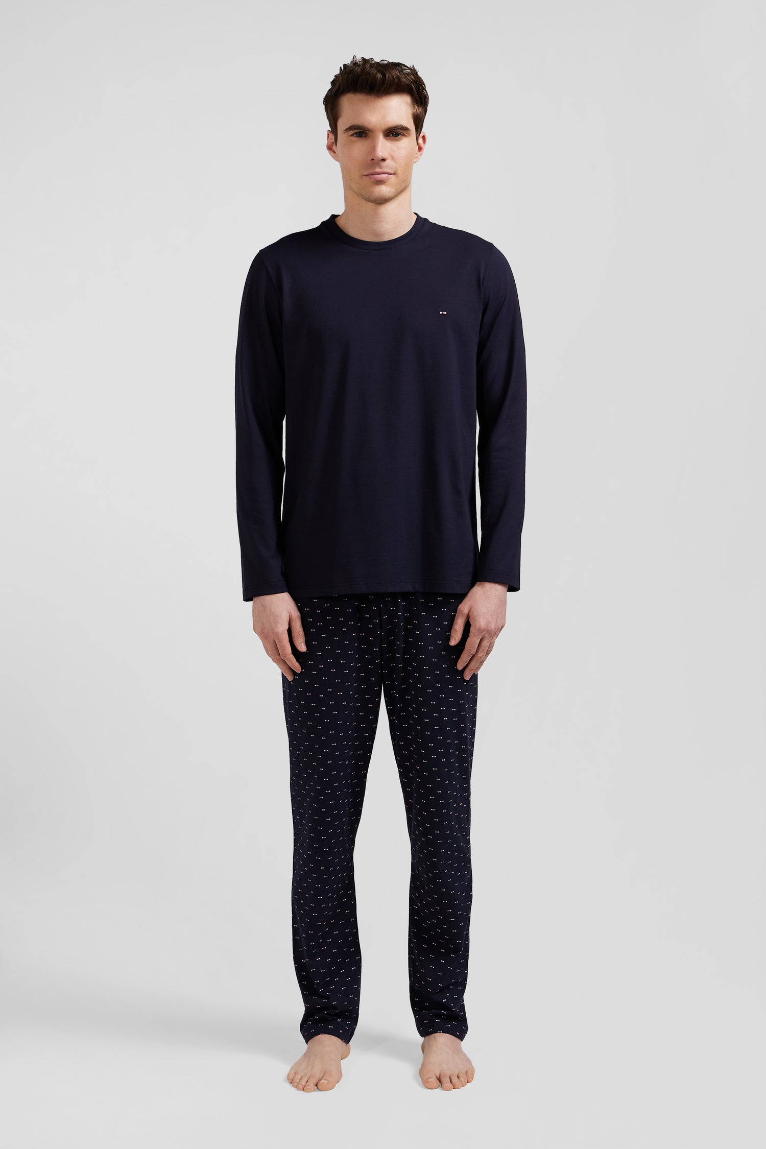 Navy blue long cotton pajamas with micro pattern trousers