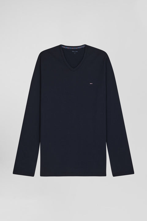 Navy blue long cotton pajamas with check trousers - Image 1