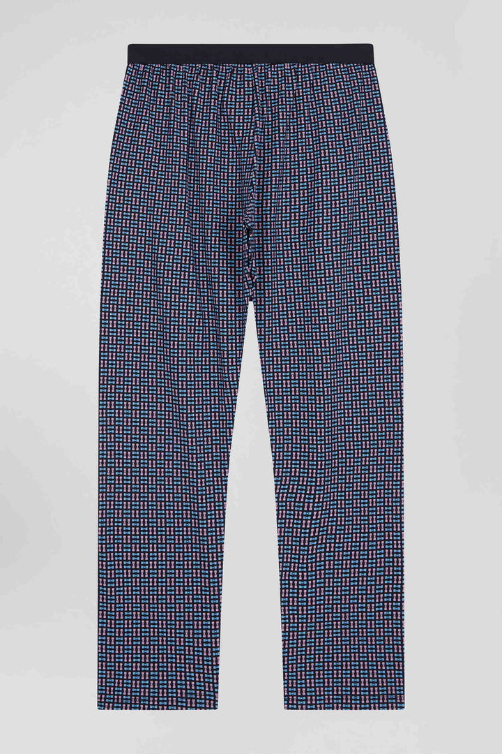 Pyjama long en coton marine pantalon à carreaux