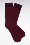 Burgundy stretch cotton blend socks with striped trim