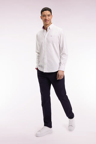 Pleatless chino pants in navy stretch piqué cotton