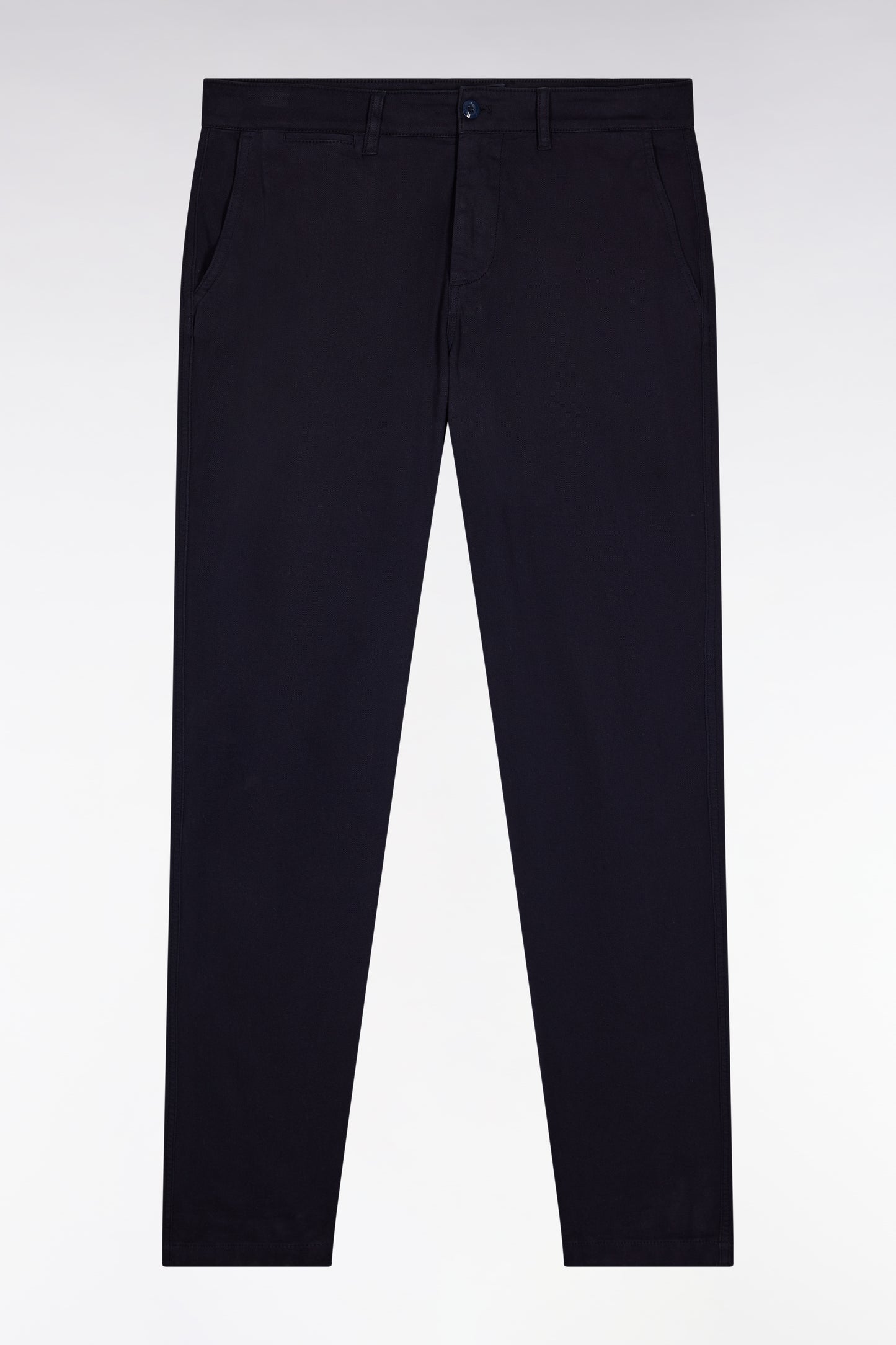Pleatless chino pants in navy stretch piqué cotton