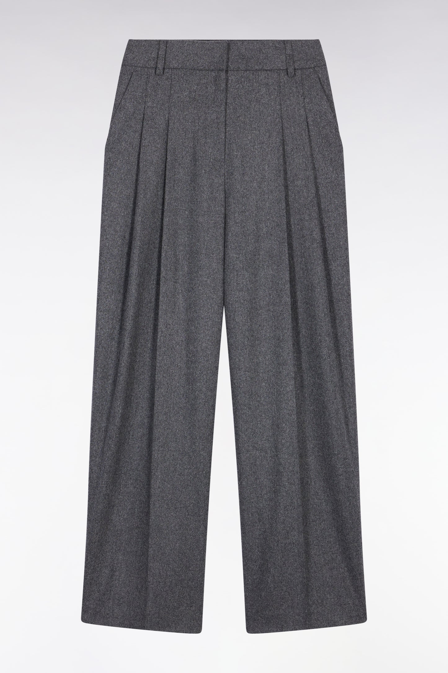 Grey wool flannel wide-leg suit pants