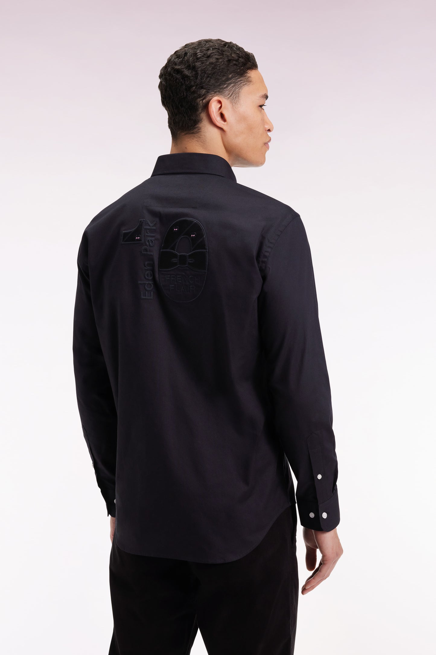 Black cotton shirt with bow-tie embroidery, straight cut