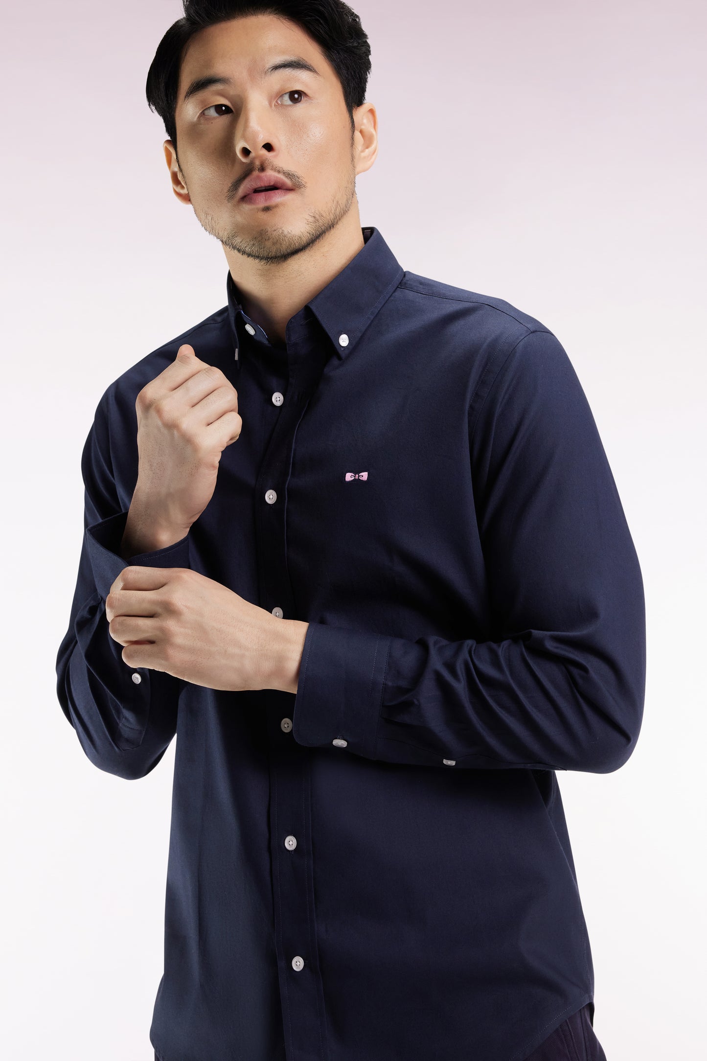 Navy cotton shirt with pink embroidery, straight cut