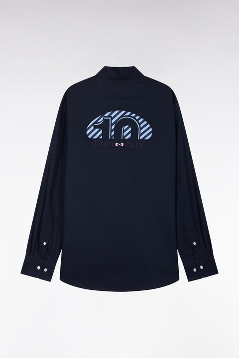 Navy cotton shirt with pink embroidery, straight cut - Image 2