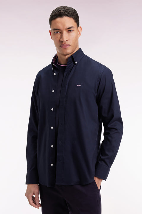 Navy pinpoint cotton shirt embroidery 10 back straight cut - Image 1