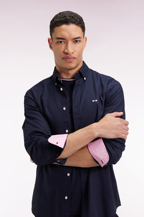 Navy pinpoint cotton shirt embroidery 10 back straight cut - Image 3