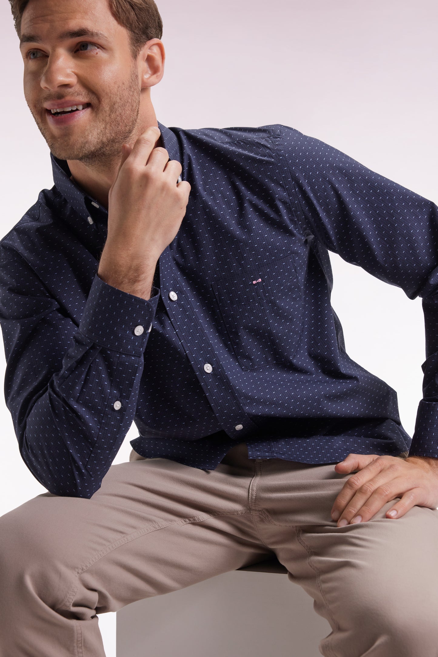 Cotton shirt with navy micropatterned bow ties, straight cut