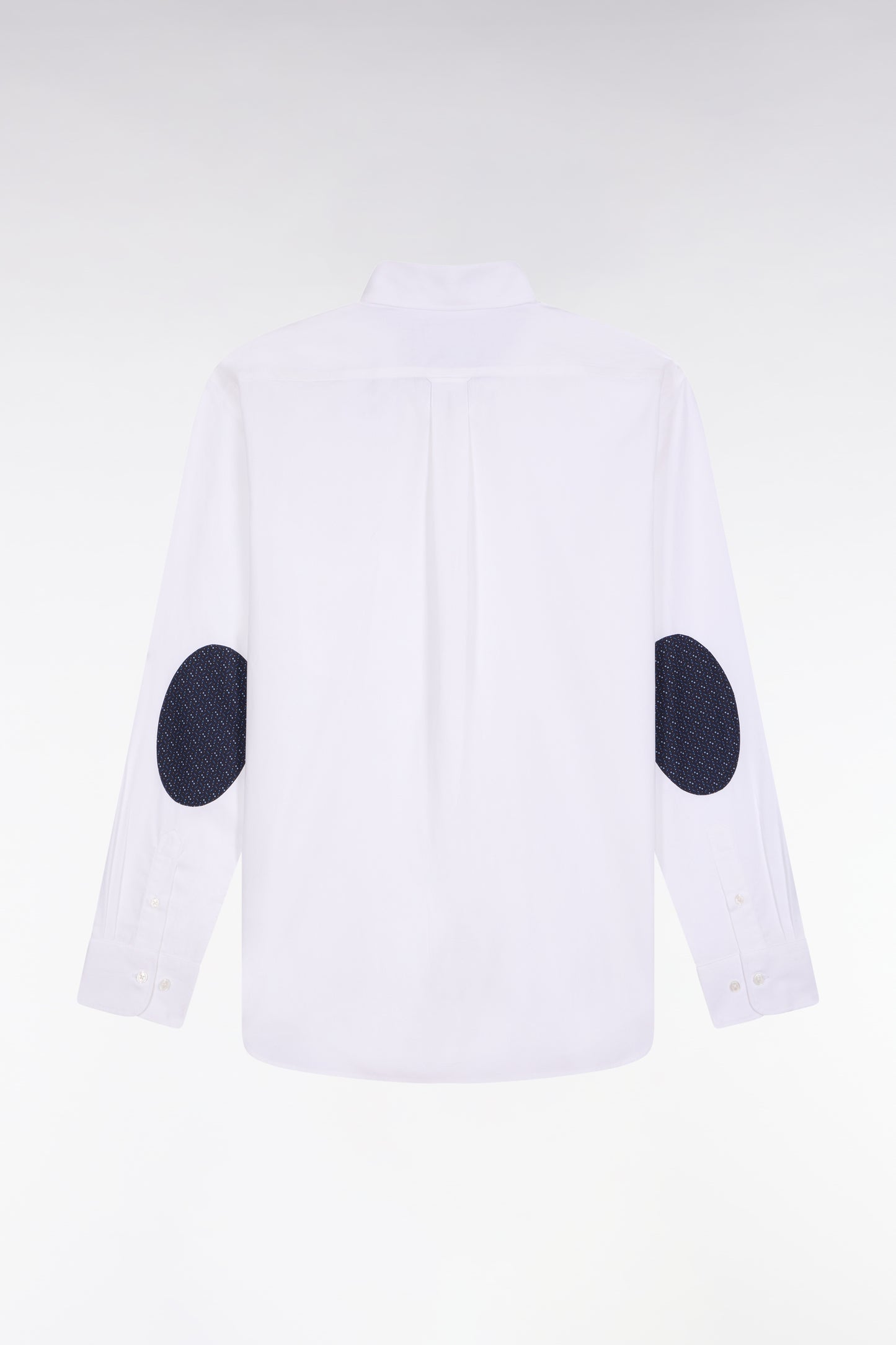 White cotton shirt with printed elbow patches, straight cut