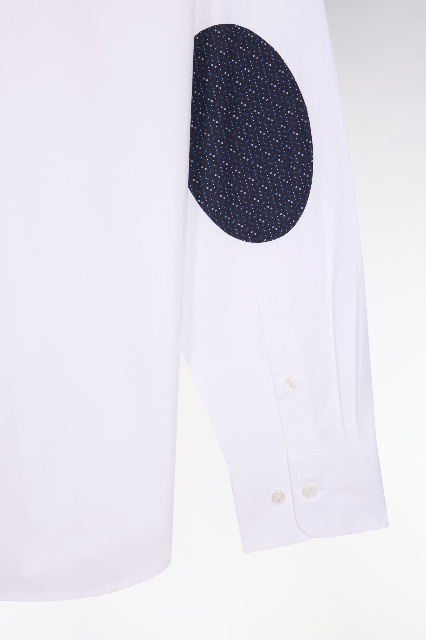 White cotton shirt with printed elbow patches, straight cut