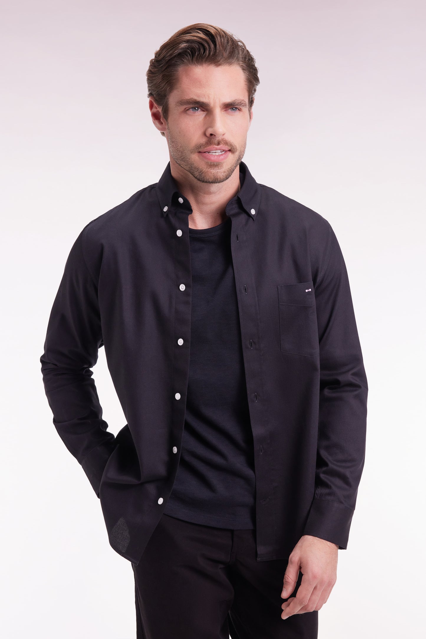 Black piqué cotton straight-cut shirt