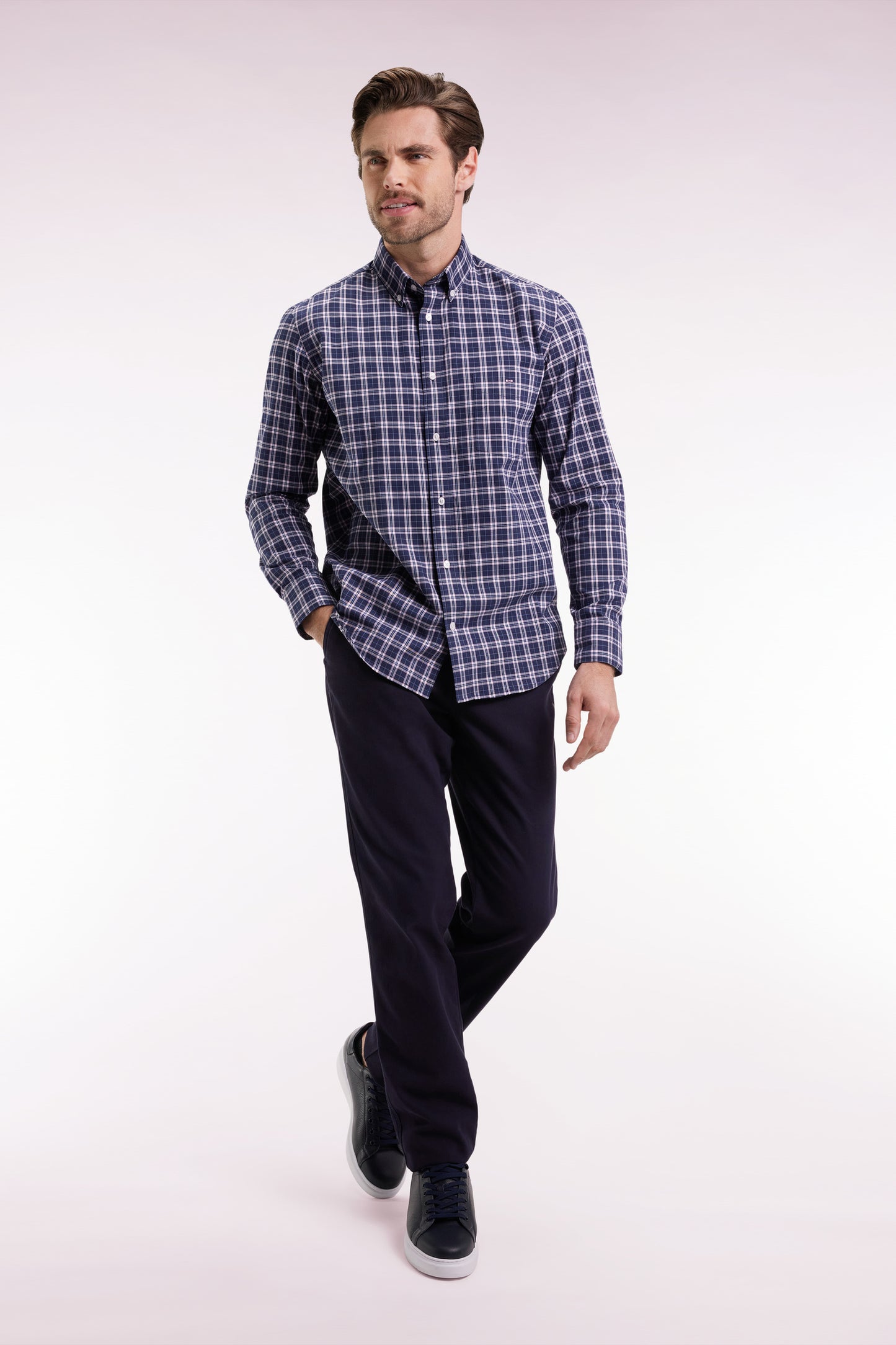 Navy and pink cotton check shirt, straight cut
