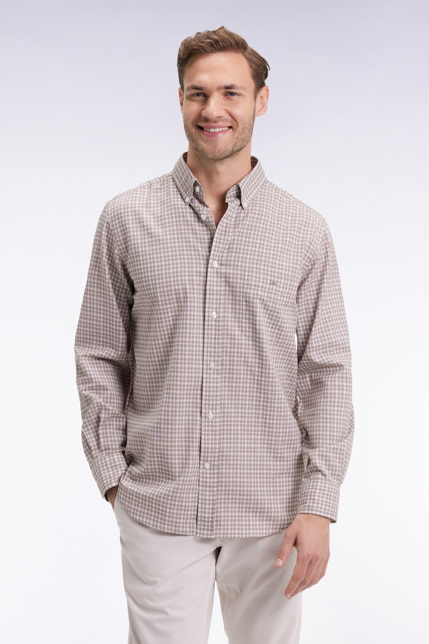 Beige check cotton shirt, straight cut