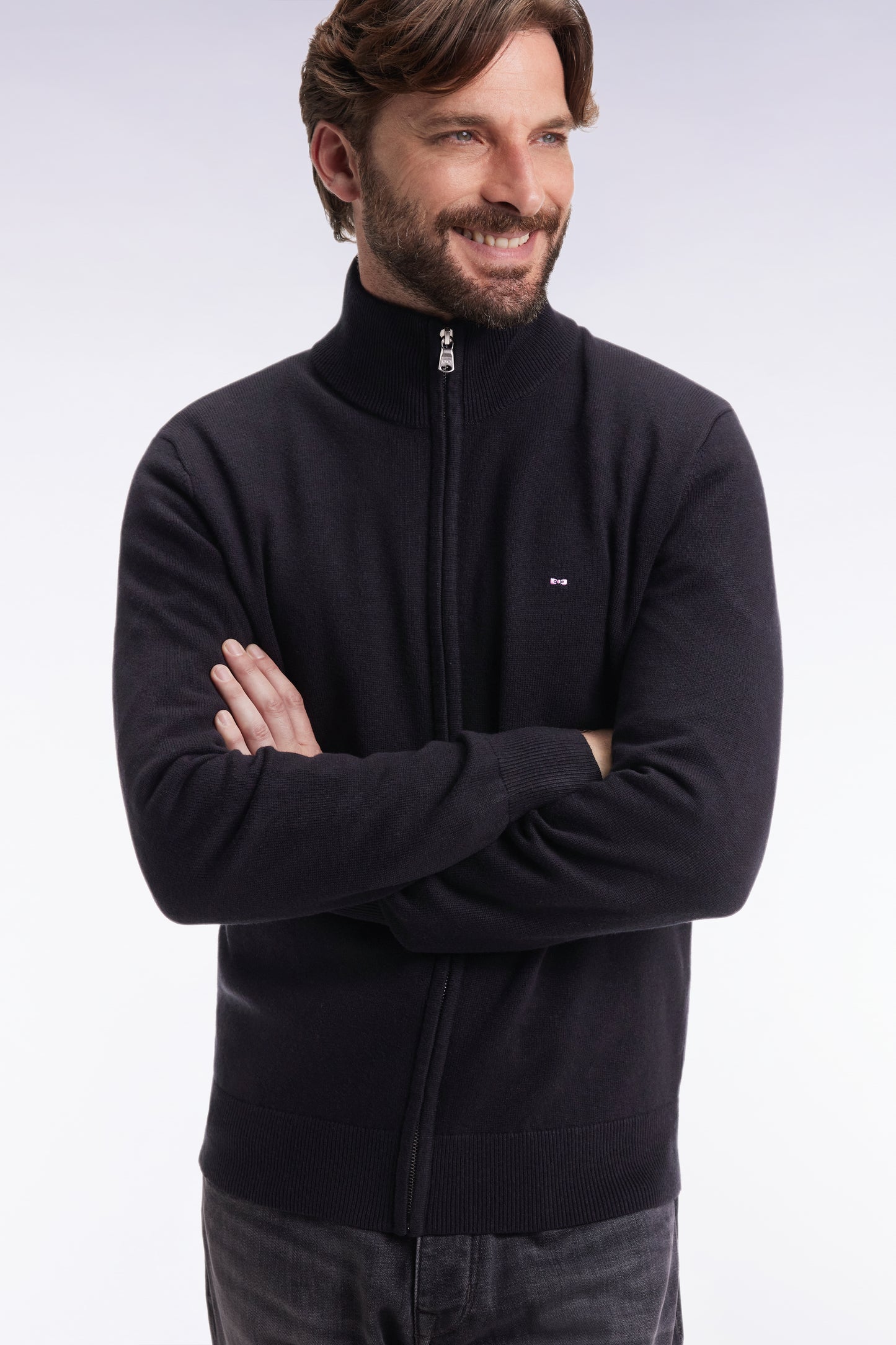 Zipped cardigan in black wool and cotton, straight cut