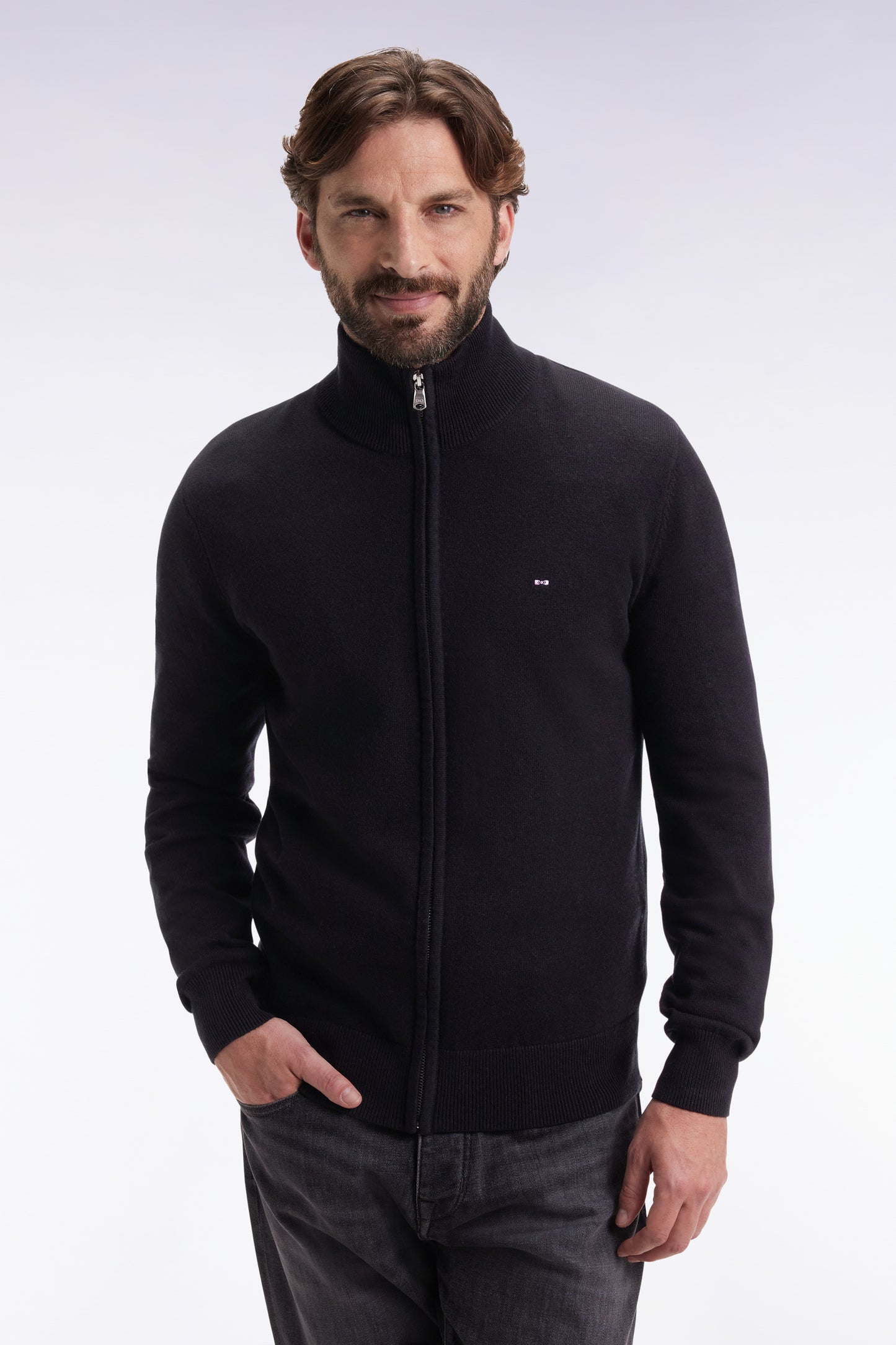Zipped cardigan in black wool and cotton, straight cut