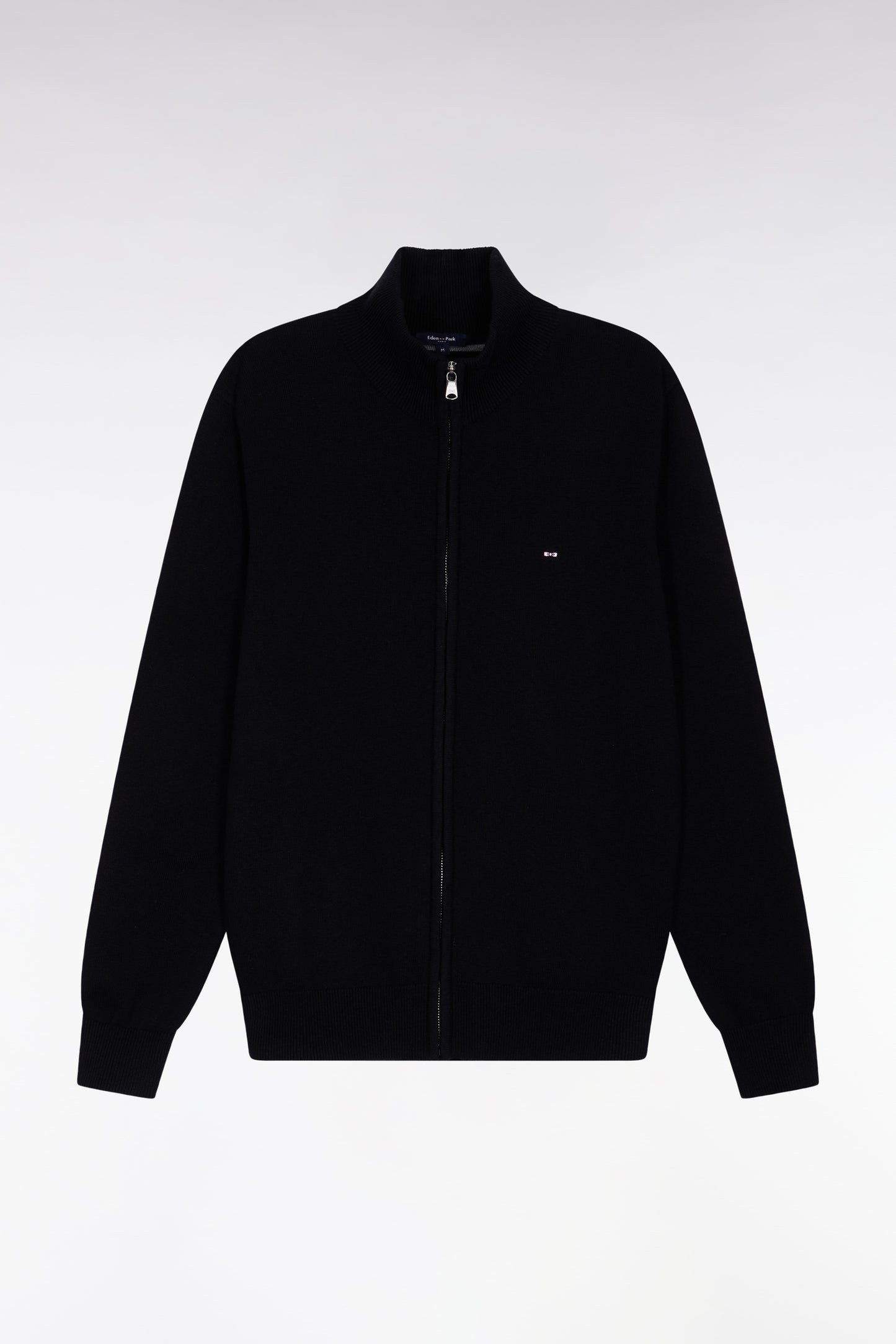 Zipped cardigan in black wool and cotton, straight cut