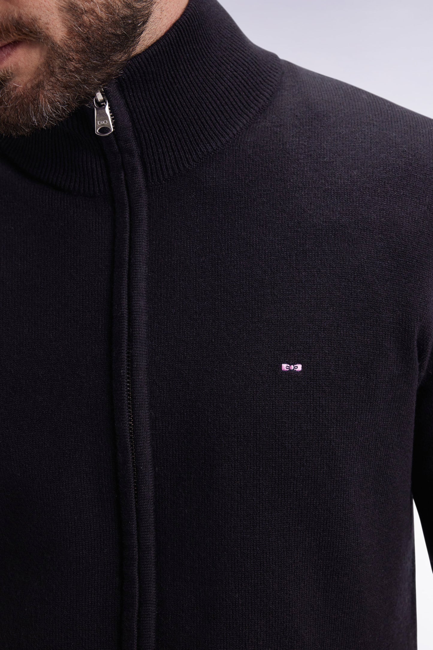 Zipped cardigan in black wool and cotton, straight cut