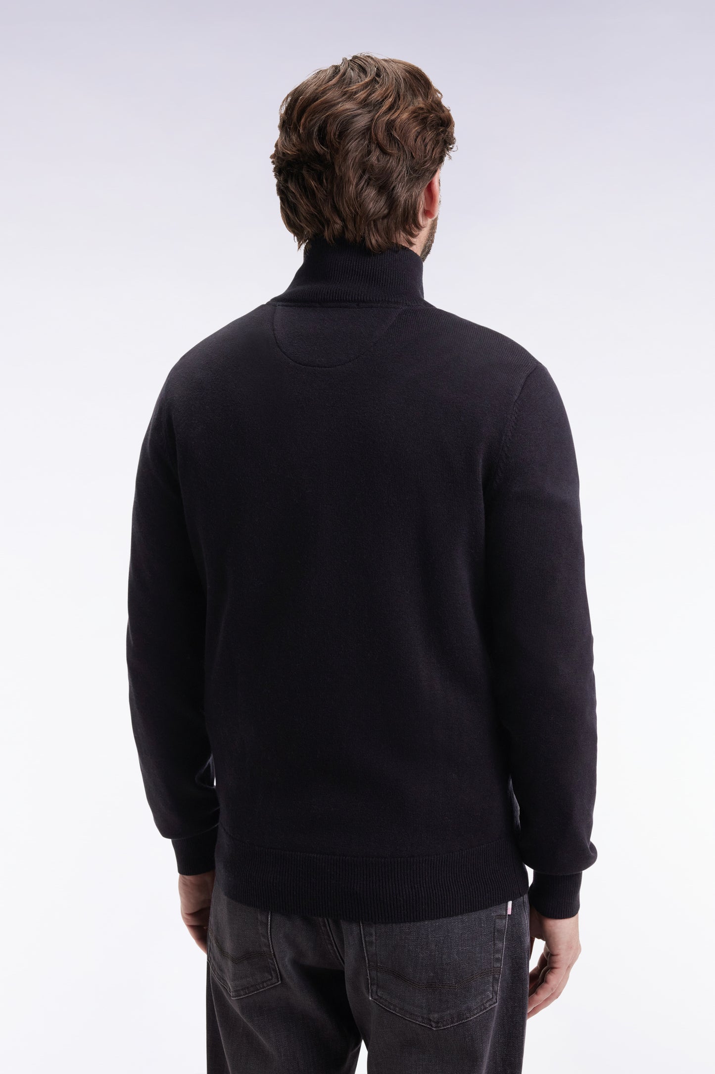 Zipped cardigan in black wool and cotton, straight cut