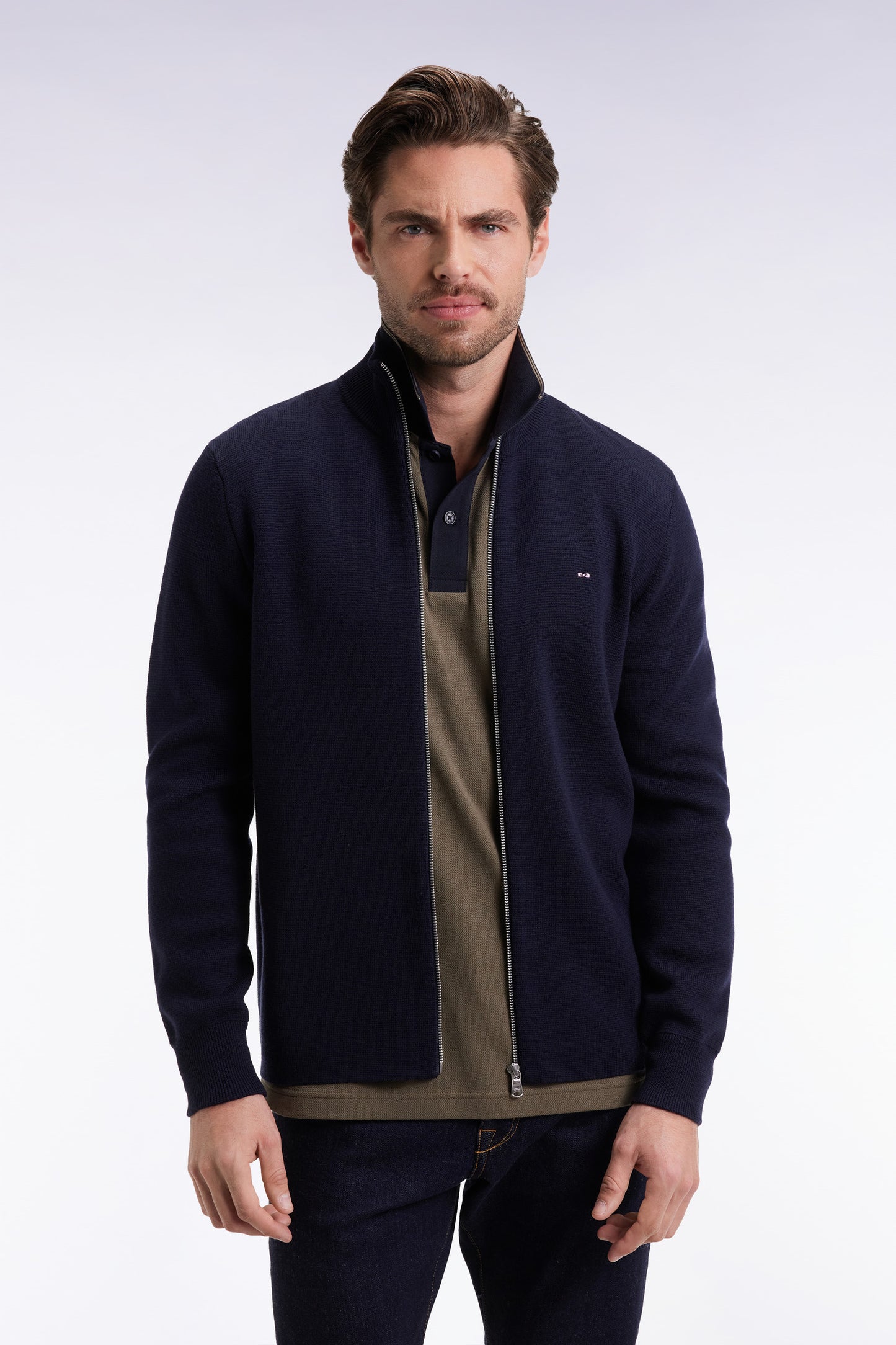 Navy merino wool straight-cut cardigan