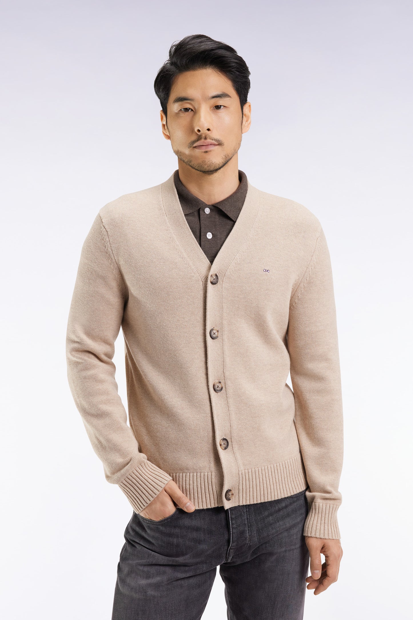 Beige wool and cotton cardigan, straight cut