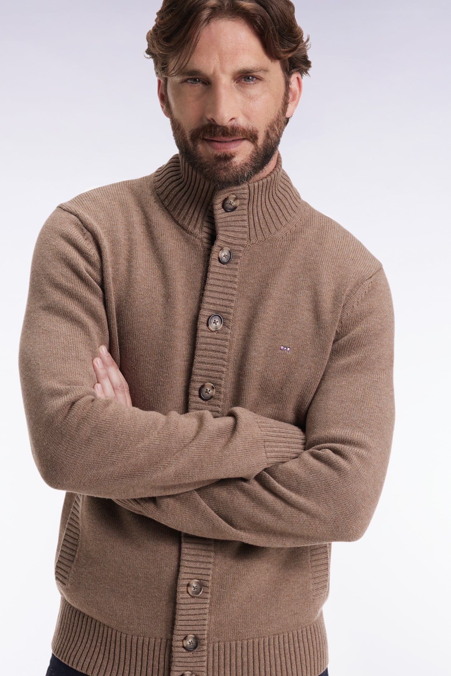 Cardigan à col montant en laine et coton camel
