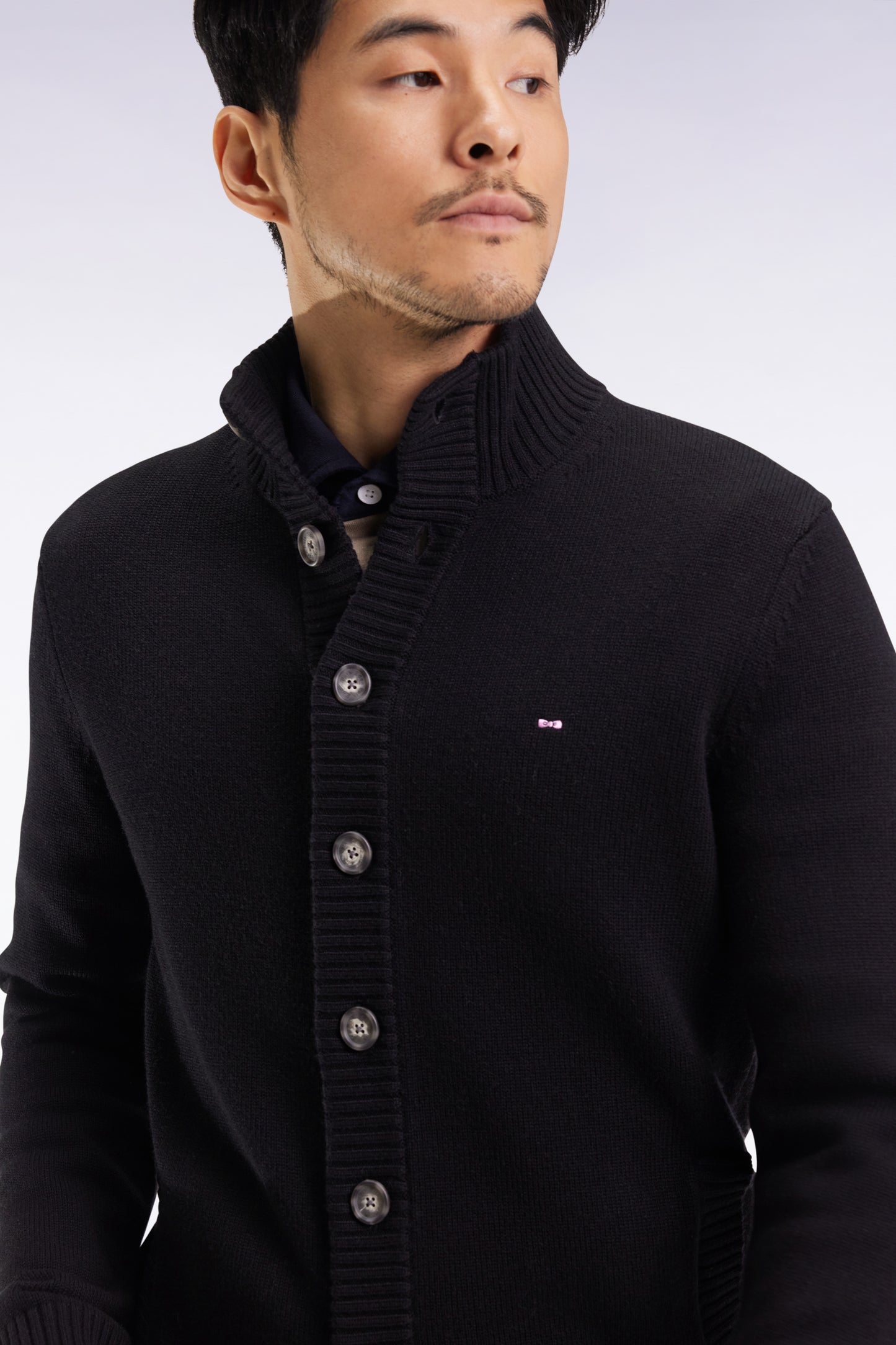 High-neck cardigan in black wool and cotton