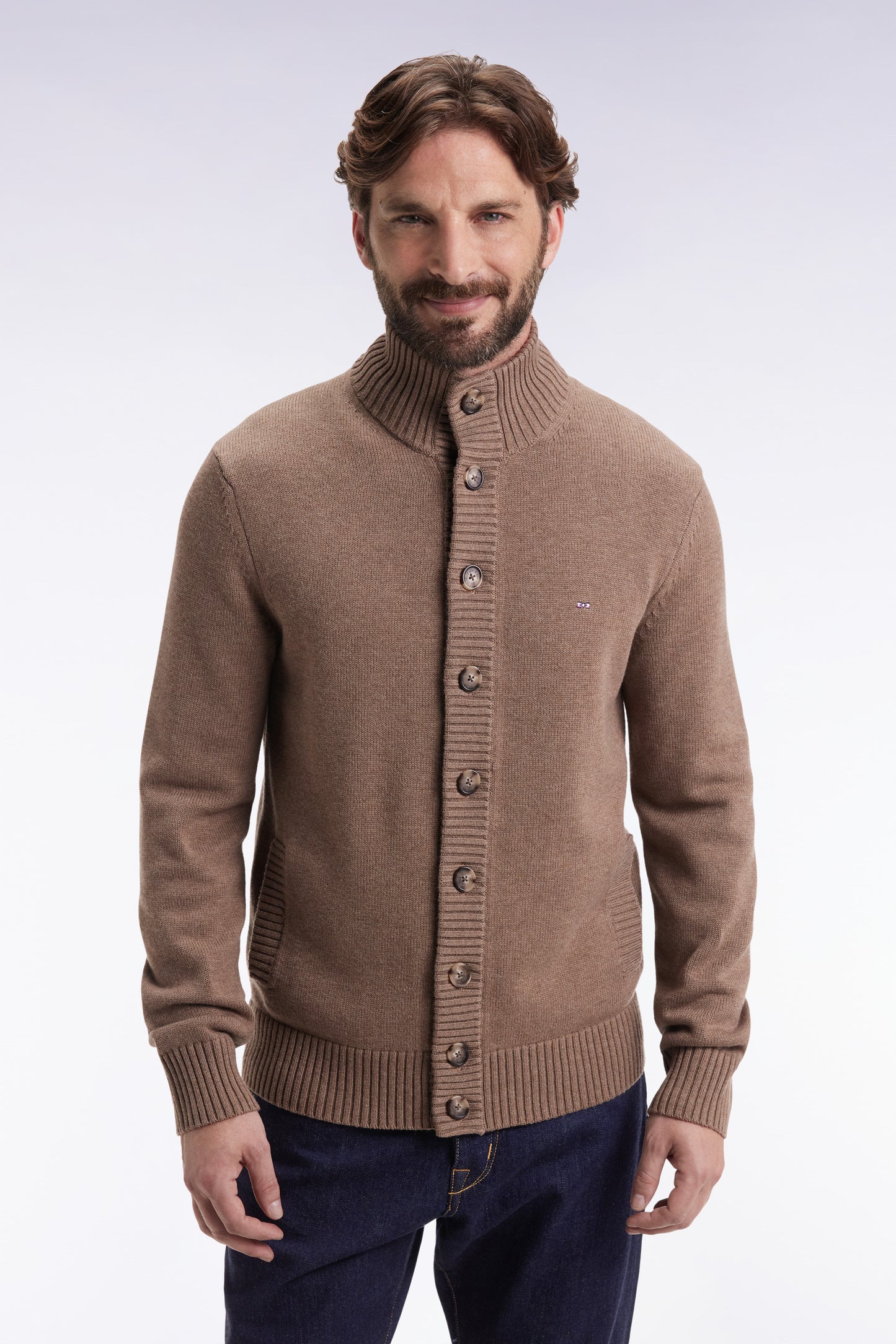 Cardigan à col montant en laine et coton camel