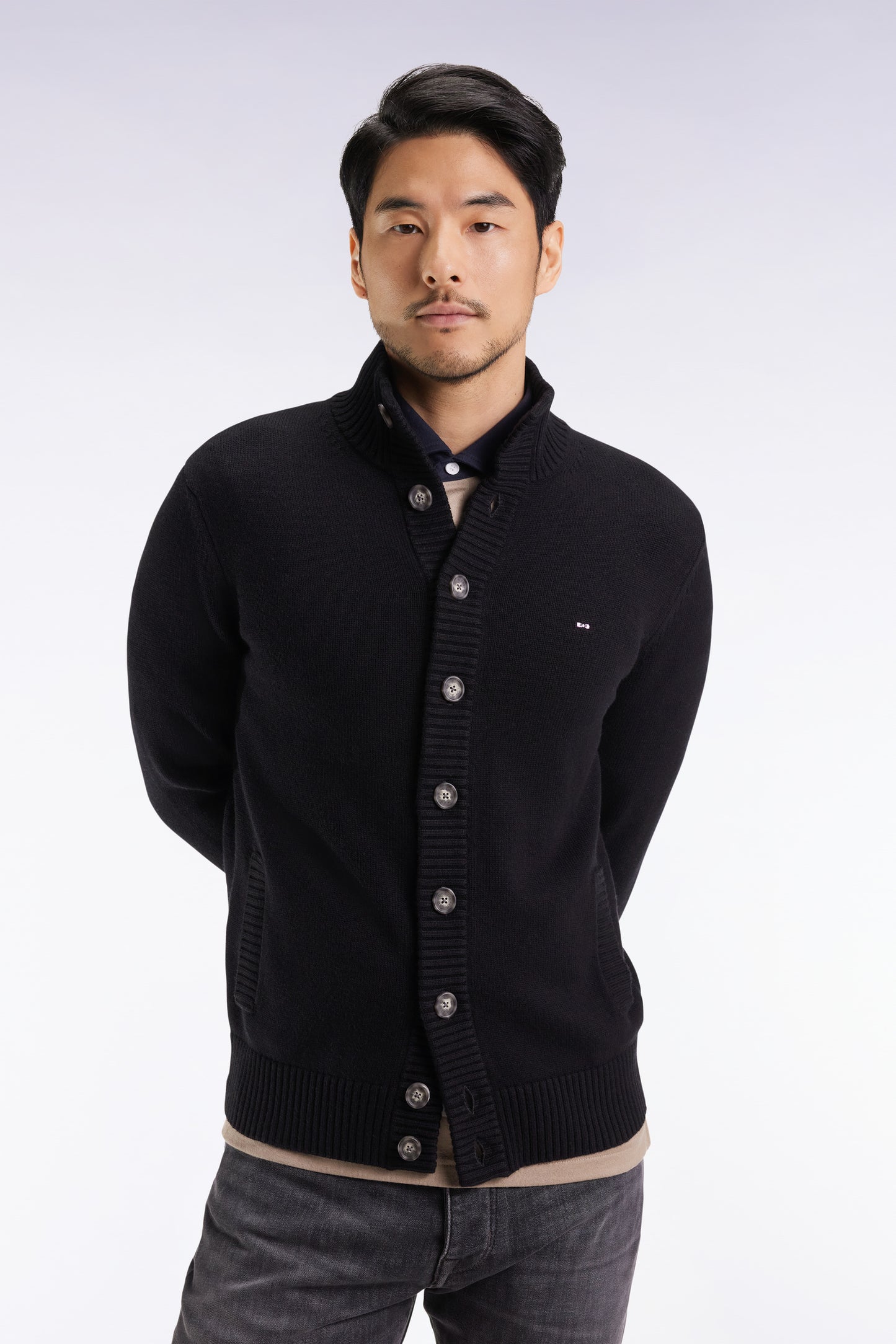 High-neck cardigan in black wool and cotton