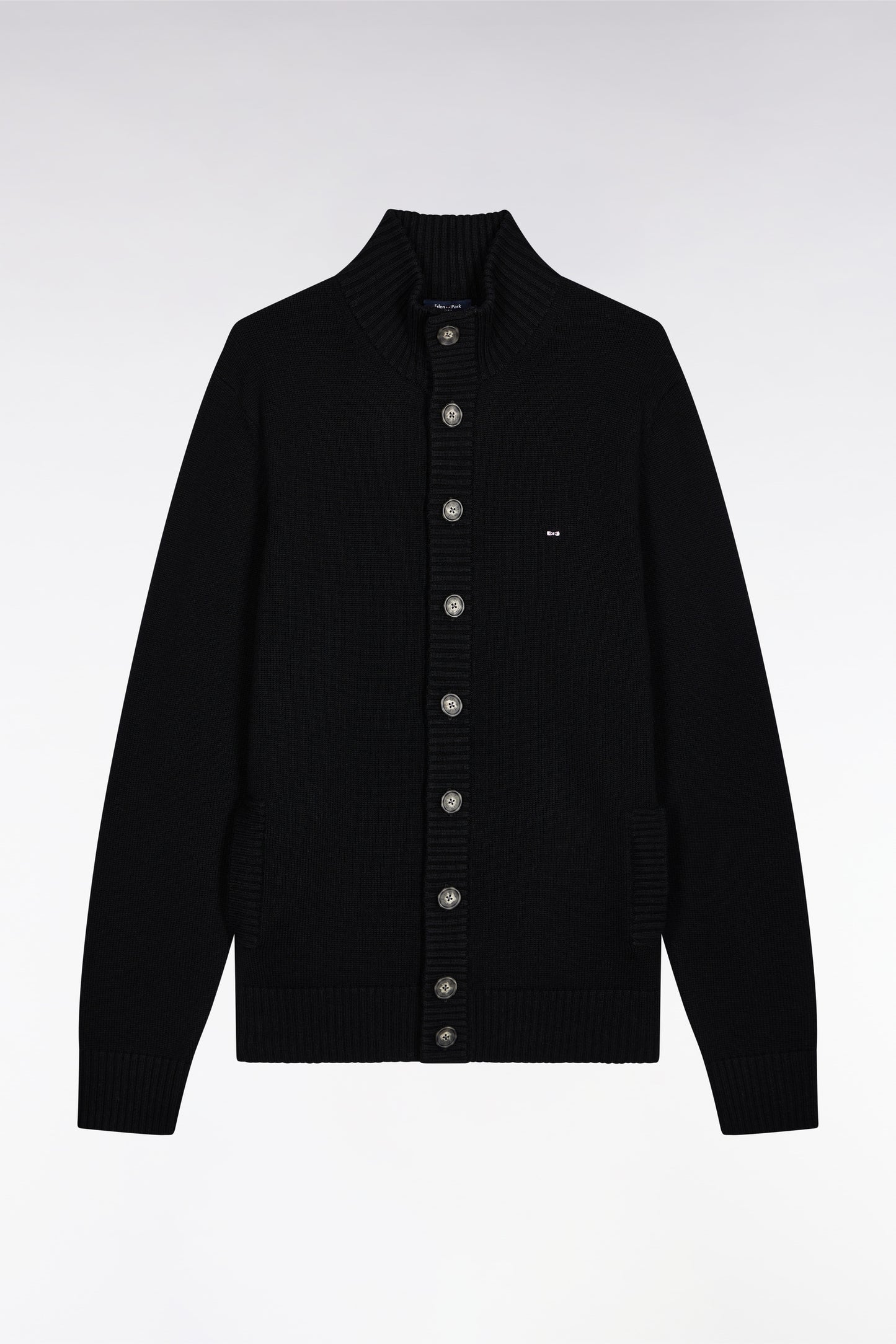 High-neck cardigan in black wool and cotton