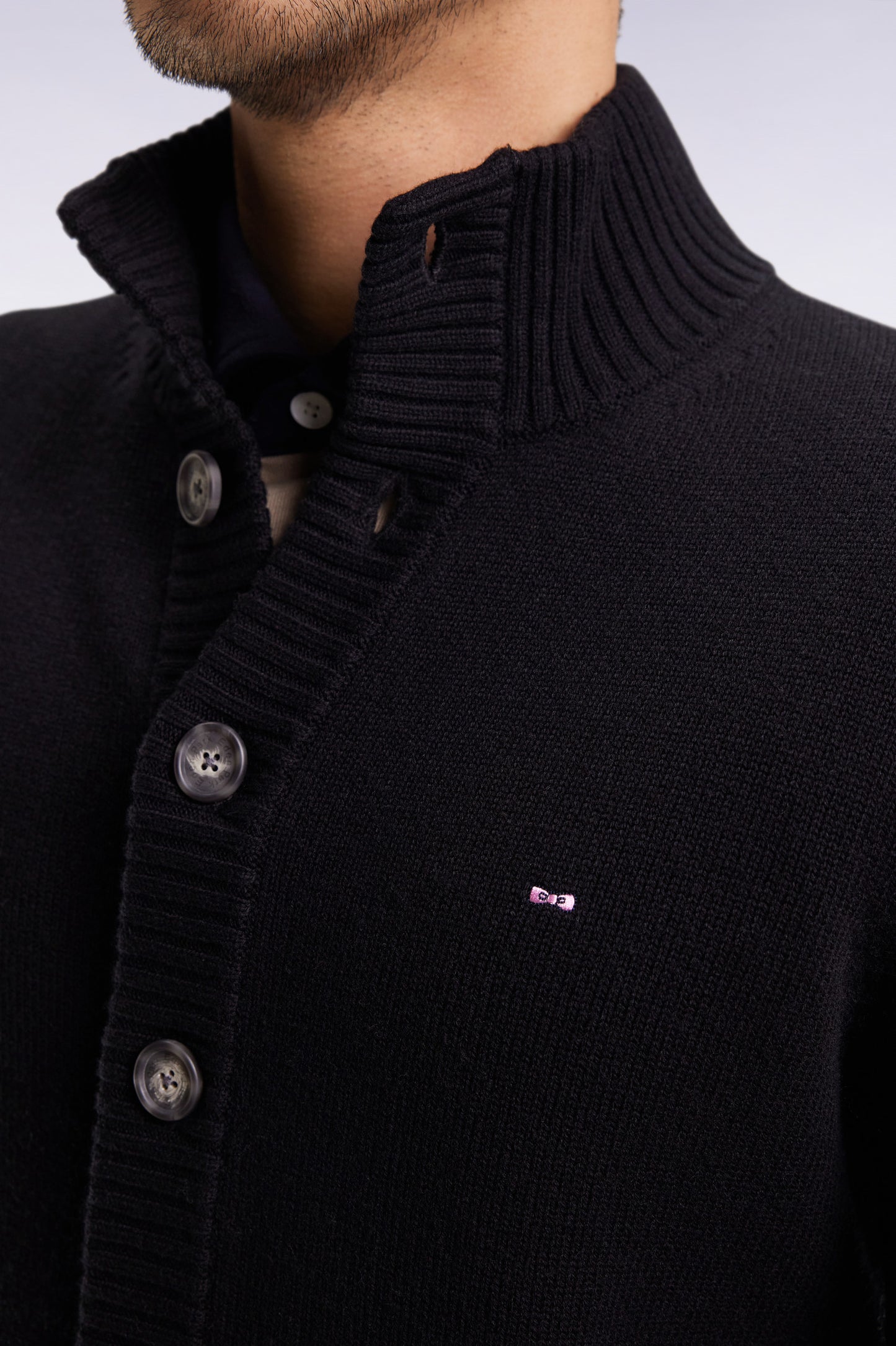 High-neck cardigan in black wool and cotton