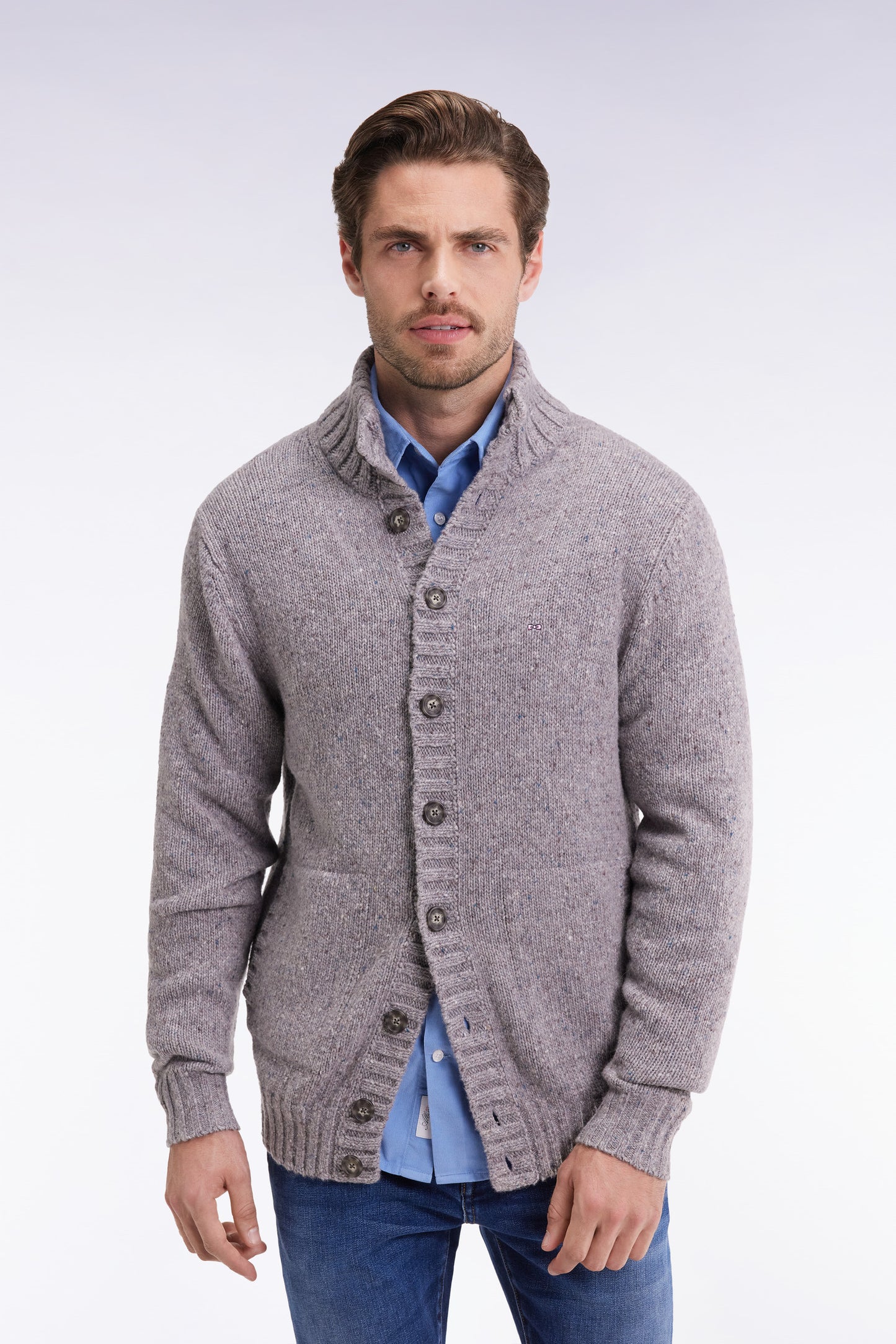 Grey cardigan in virgin wool and alpaca mix, straight cut
