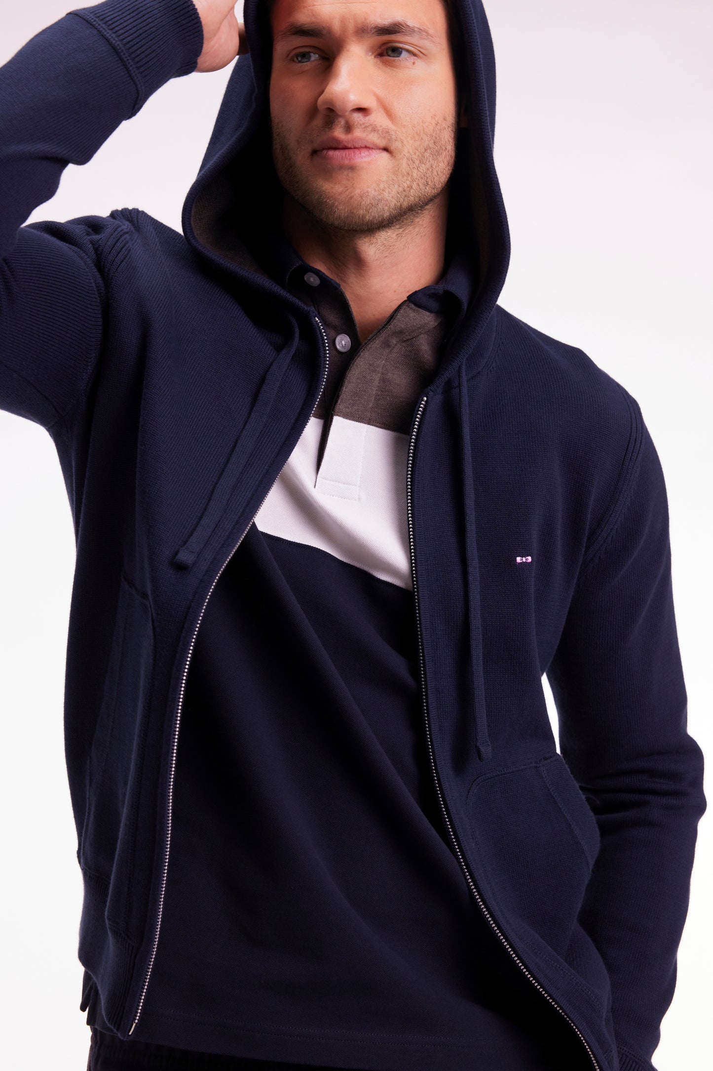 Navy cotton zip-up hoodie, straight cut
