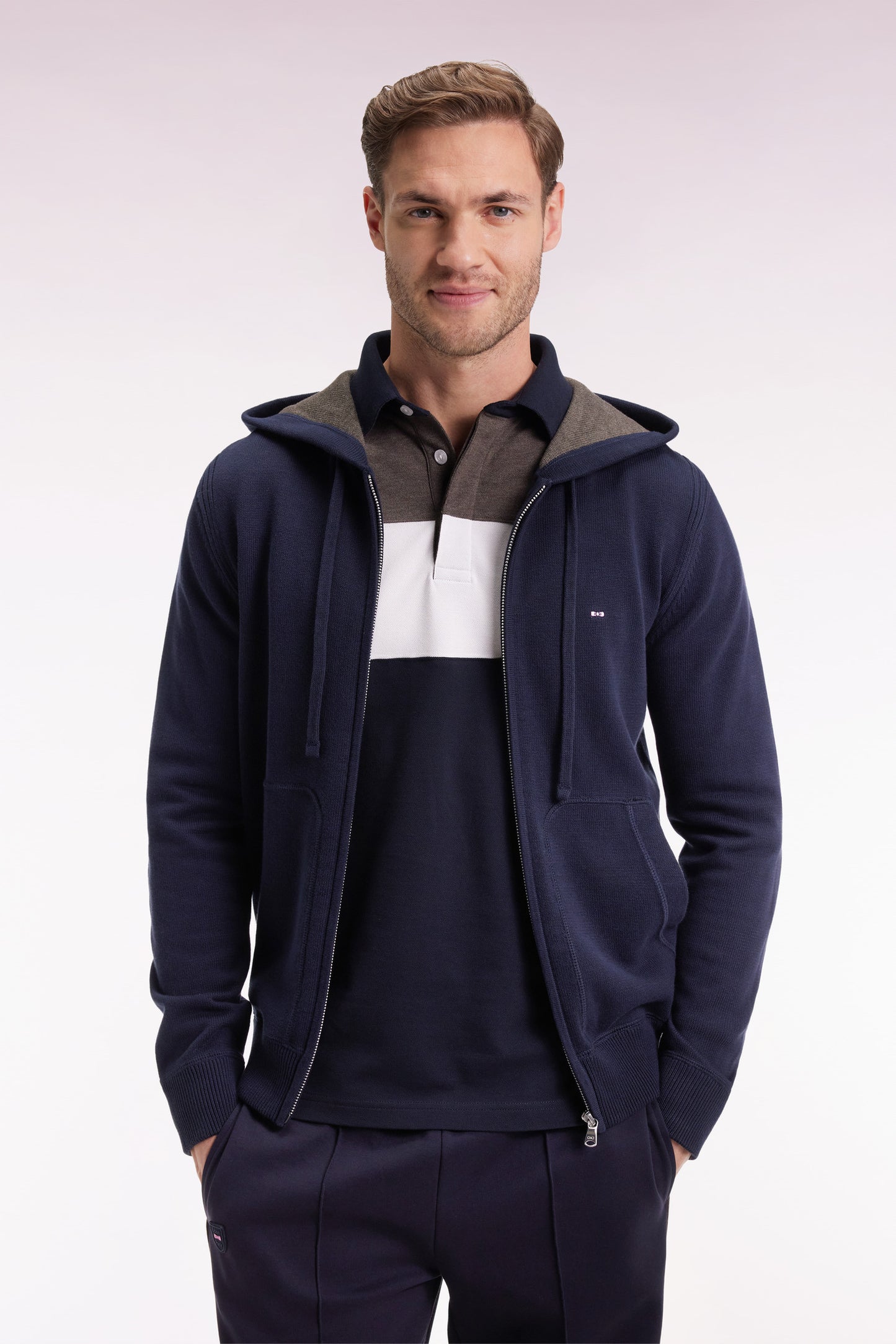 Navy cotton zip-up hoodie, straight cut