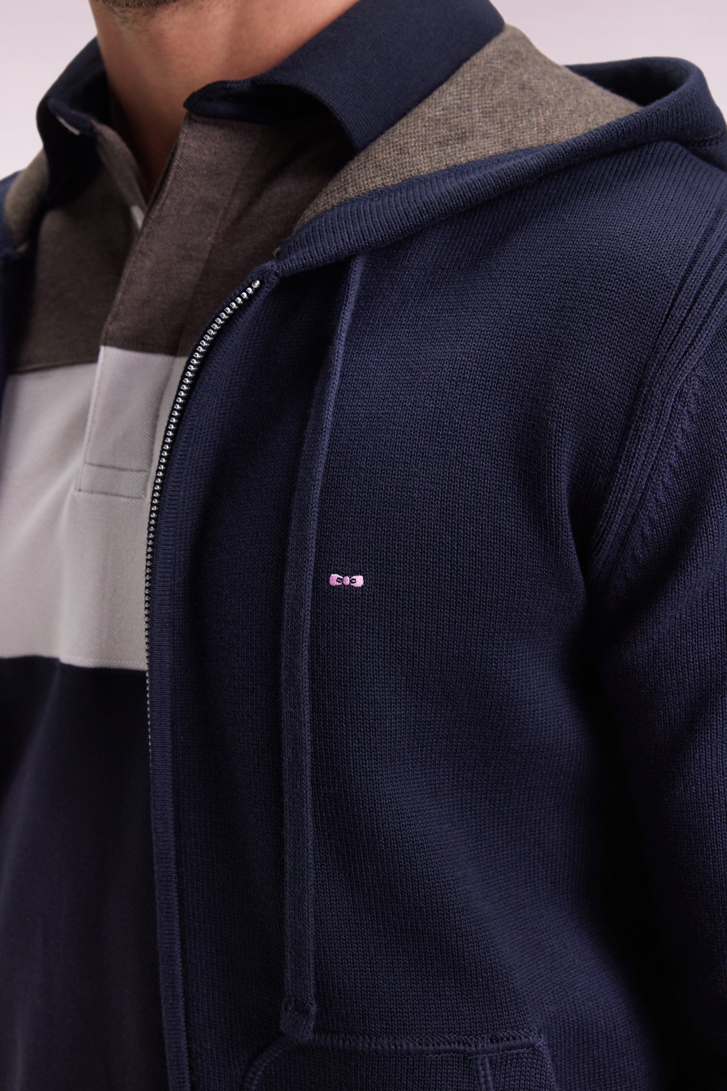 Navy cotton zip-up hoodie, straight cut