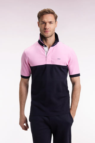Short-sleeved jersey in two-tone navy and pink cotton
