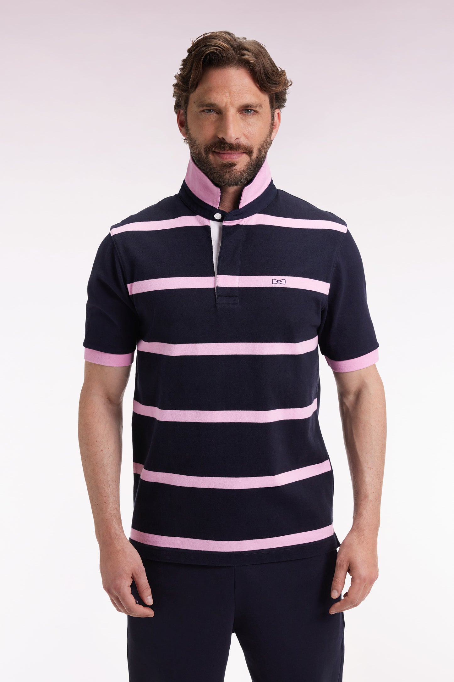 Short-sleeved jersey in navy cotton with pink stripes