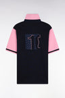 Short-sleeved jersey in navy cotton with pink sleeves